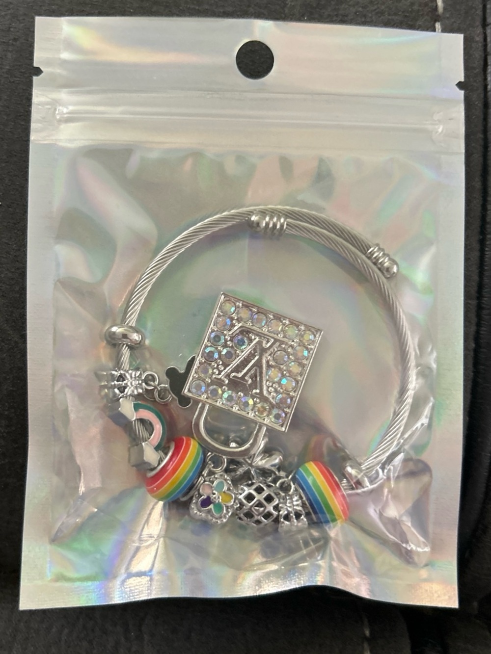 Silver Charm Bracelet with Rainbow Beads